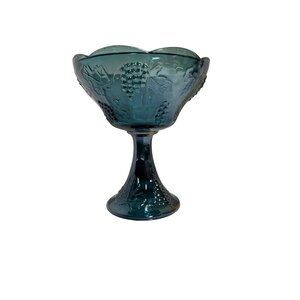Vintage Indiana Carnival Glass Blue Compote Bowl Grape & Leaf Pattern - No Lid